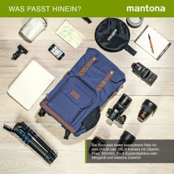 Mantona Luis Retro DSLR-kamerareppu, sininen, nahka, sadesuojalla ja kannettavan tietokoneen lokerolla