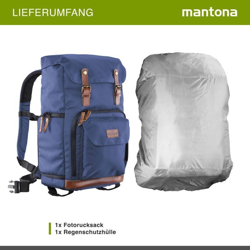 Mantona Luis Retro DSLR-kamerareppu, sininen, nahka, sadesuojalla ja kannettavan tietokoneen lokerolla