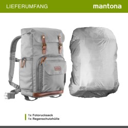 Mantona Luis Retro DSLR kamerareppu harmaa nahka sadesuojalla ja kannettavan tietokoneen lokerolla