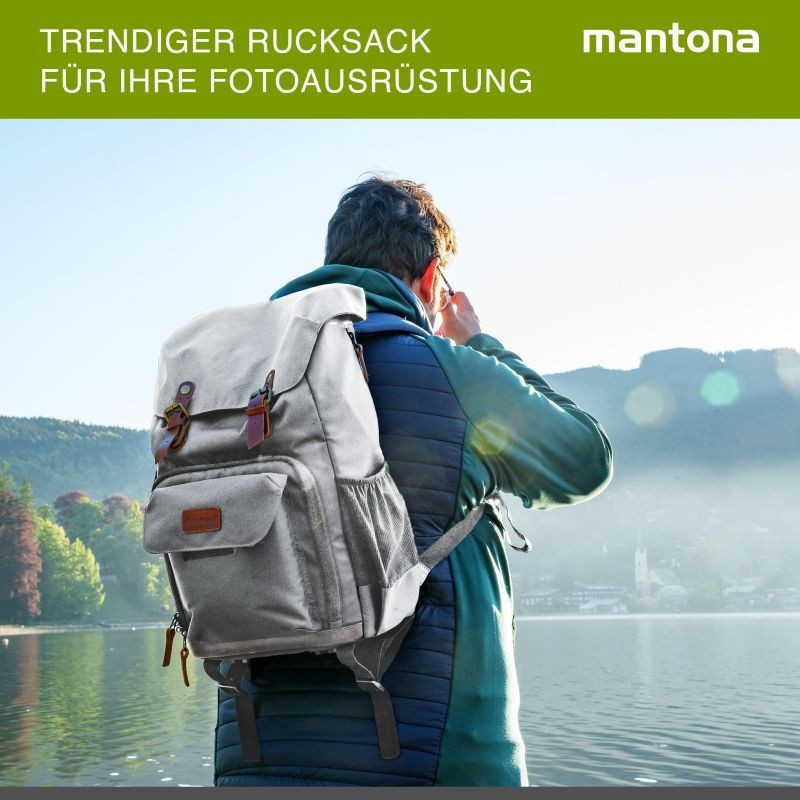 Mantona Luis Retro DSLR-kamerareppu, harmaa, nahka, sadesuojalla ja kannettavan tietokoneen lokerolla
