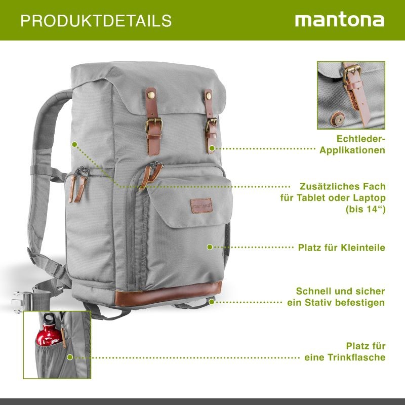 Mantona Luis Retro DSLR-kamerareppu, harmaa, nahka, sadesuojalla ja kannettavan tietokoneen lokerolla