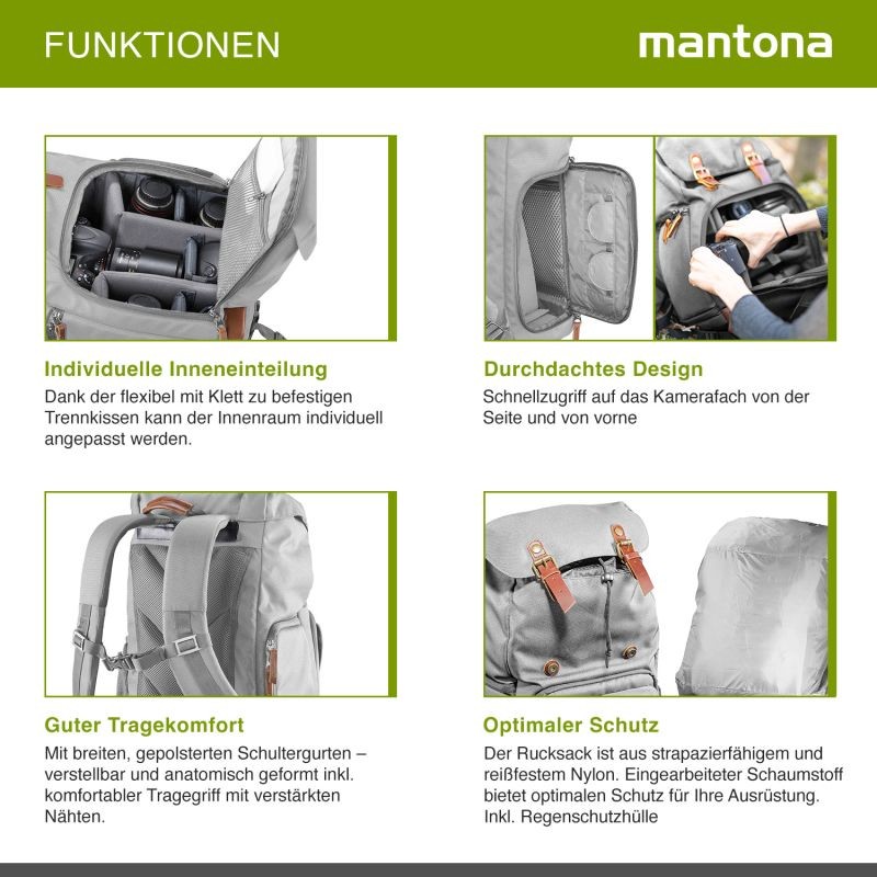 Mantona Luis Retro DSLR-kamerareppu, harmaa, nahka, sadesuojalla ja kannettavan tietokoneen lokerolla