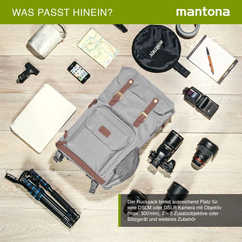 Mantona Luis Retro DSLR-kamerareppu, harmaa, nahka, sadesuojalla ja kannettavan tietokoneen lokerolla