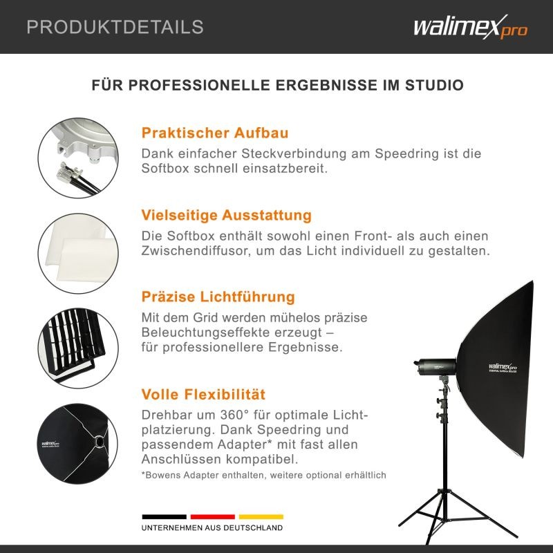 Walimex pro Essential Striplight-softbox 80 x 120 cm, kenno, Bowens- ja Elinchrom-adapterit, kuljetuslaukku