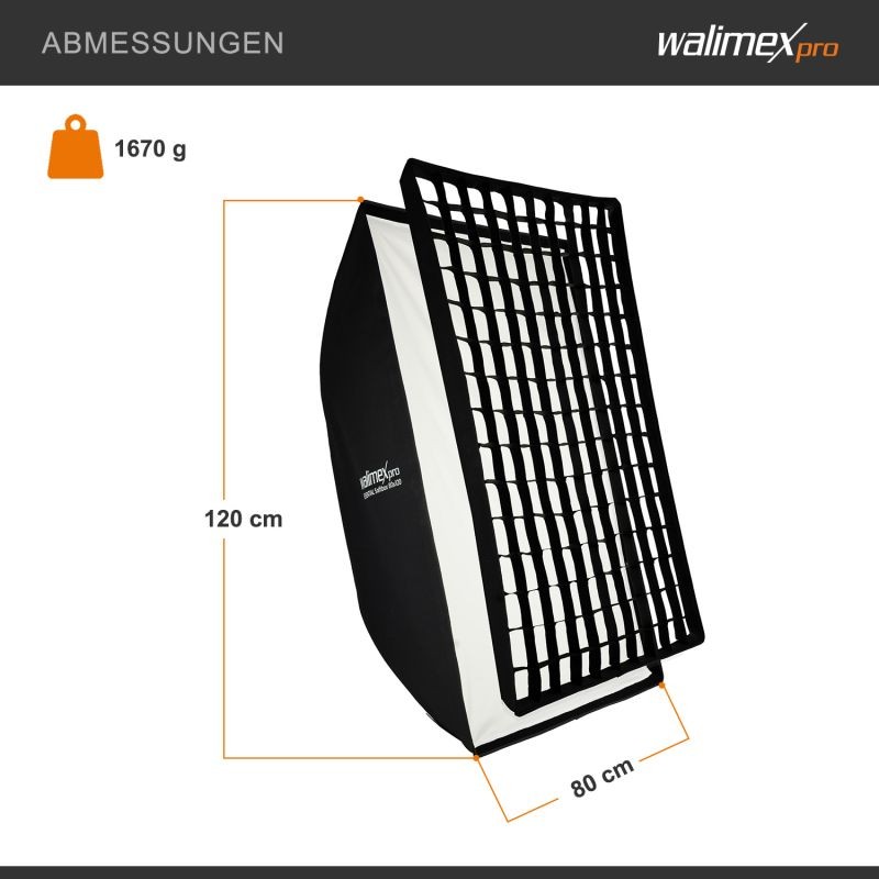 Walimex pro Essential Striplight-softbox 80 x 120 cm, kenno, Bowens- ja Elinchrom-adapterit, kuljetuslaukku
