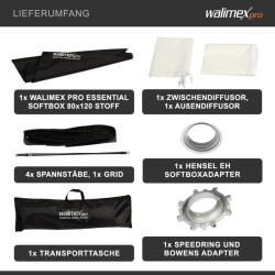 Walimex pro Essential Striplight-softbox 80 x 120 cm, Grid, Bowens- ja Hensel EH -adapterit, kuljetuslaukku