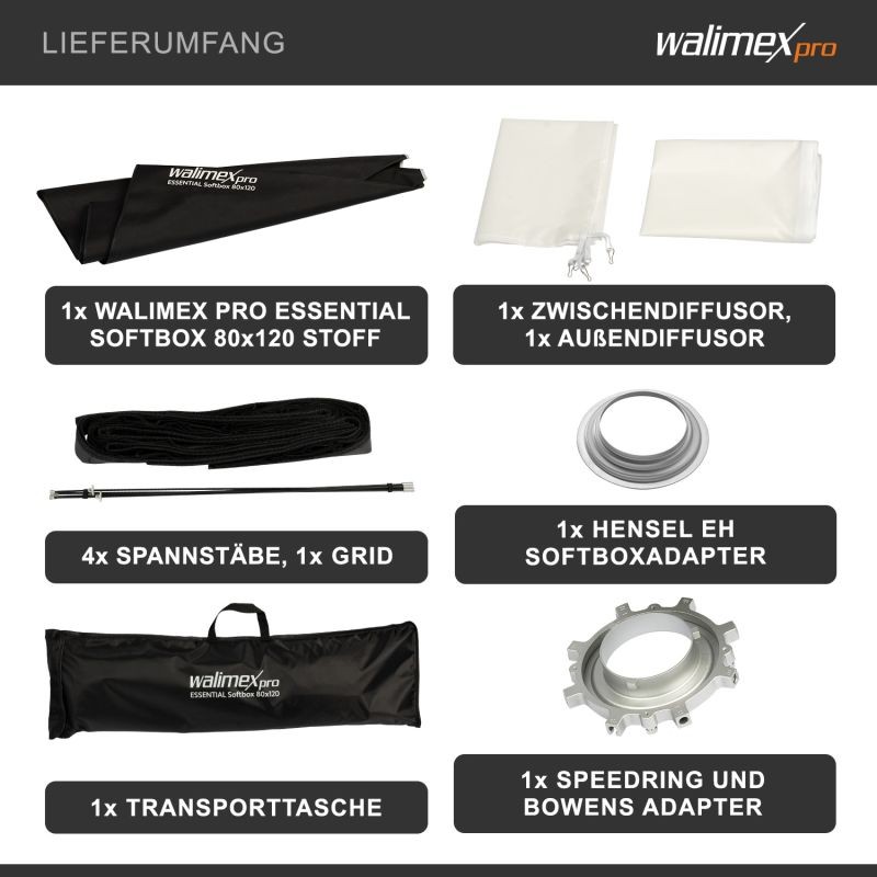 Walimex pro Essential Striplight-softbox 80 x 120 cm, Grid, Bowens- ja Hensel EH -adapterit, kuljetuslaukku