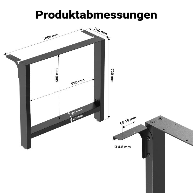 Pöydänjalat terästä, musta jauhemaalattu, 1000 x 240 x 720 mm, 2 kpl