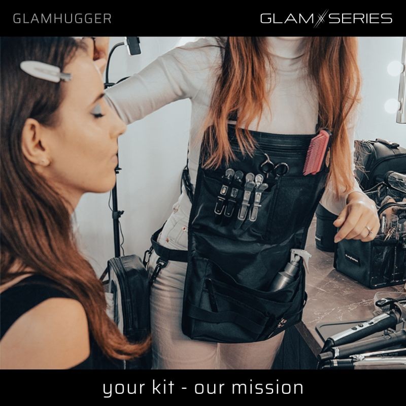 GlamSeries GlamHugger organisoiva työesiliina kampaajille, meikkitaiteilijoille ja tatuoijille, musta
