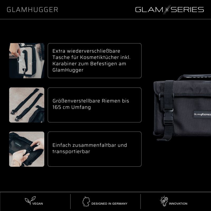 GlamSeries GlamHugger organisoiva työesiliina kampaajille, meikkitaiteilijoille ja tatuoijille, musta