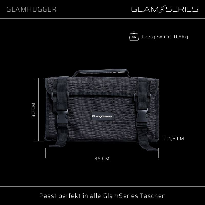 GlamSeries GlamHugger organisoiva työesiliina kampaajille, meikkitaiteilijoille ja tatuoijille, musta