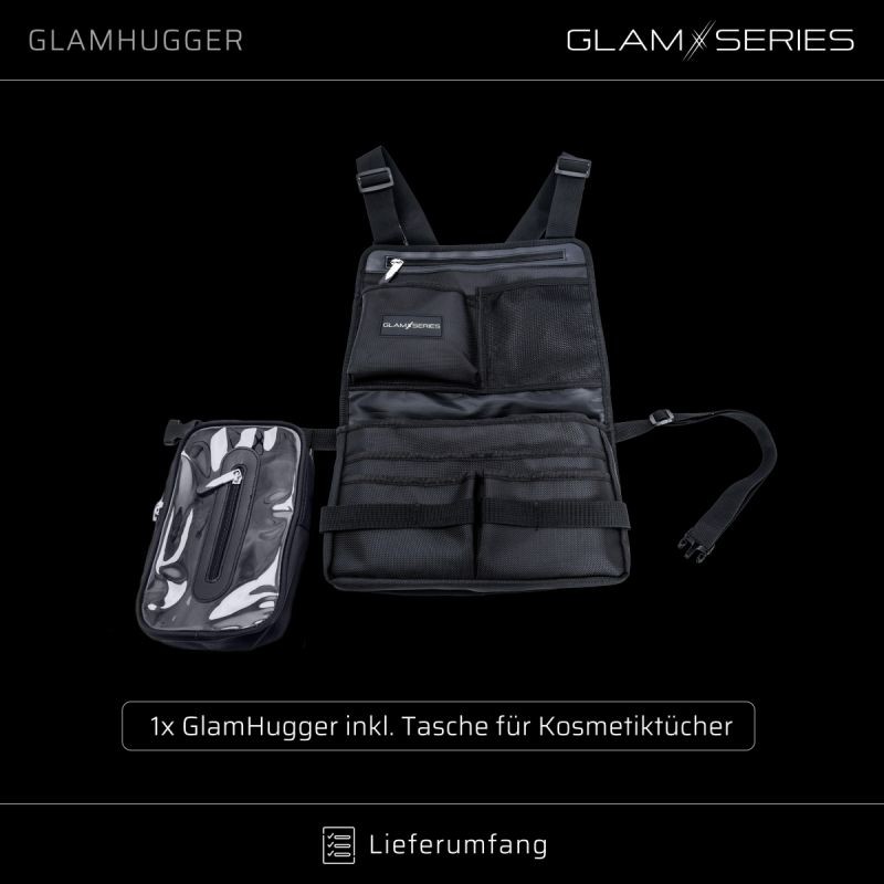 GlamSeries GlamHugger organisoiva työesiliina kampaajille, meikkitaiteilijoille ja tatuoijille, musta