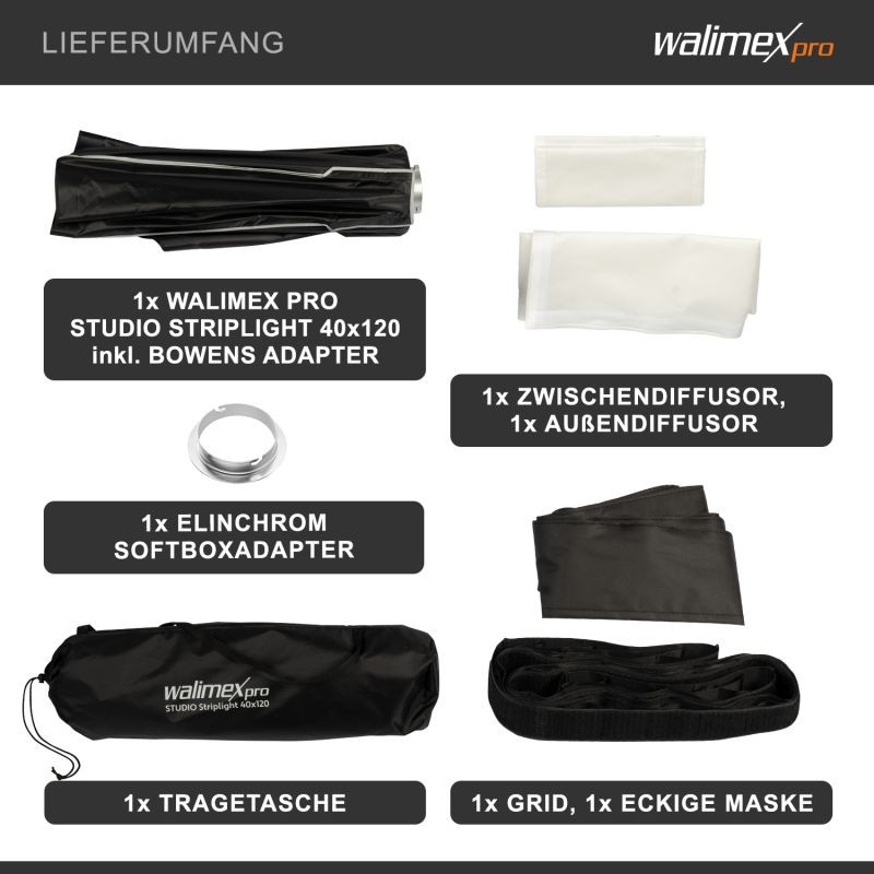 Walimex pro Studio Striplight Softbox 40 x 120 cm, Bowens- ja Elinchrom-adapterit