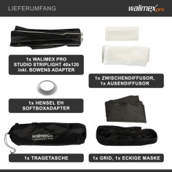 Walimex pro Studio Striplight-softbox 40 x 120 cm, Bowens ja Hensel EH -adapterit