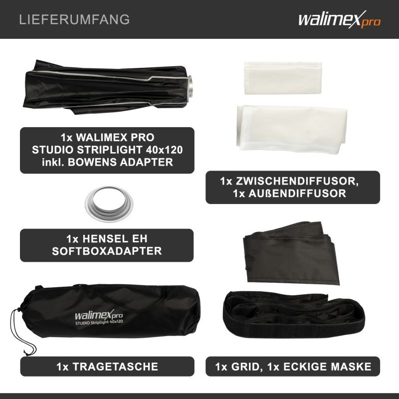 Walimex pro Studio Striplight-softbox 40 x 120 cm, Bowens ja Hensel EH -adapterit