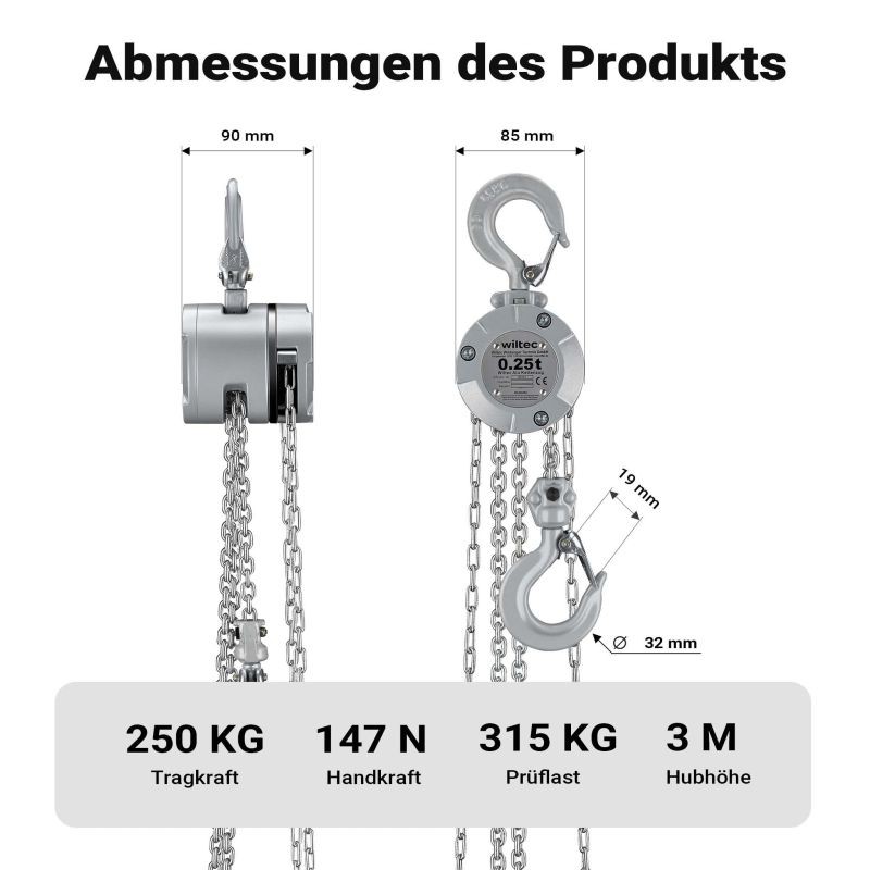 Alumiininen käsikettonostin 250 kg, 3 m nostokorkeus, G100-kuormaketju