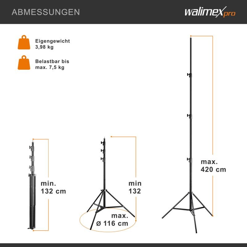 Walimex pro WT-420 valojalka 420 cm, kantavuus 7,5 kg, jousivaimennus