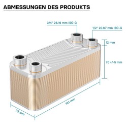 Levylämmönvaihdin ruostumattomasta teräksestä, 30 levyä, max 66 kW, 4 m³/h, 0,54 l