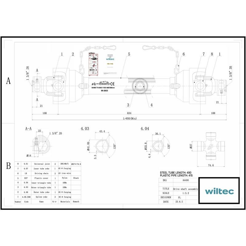 Voimanottokardaani T4 850-935 mm 460 Nm 540 rpm, 40 kW 1000 rpm, 34,9 mm 6 hammas