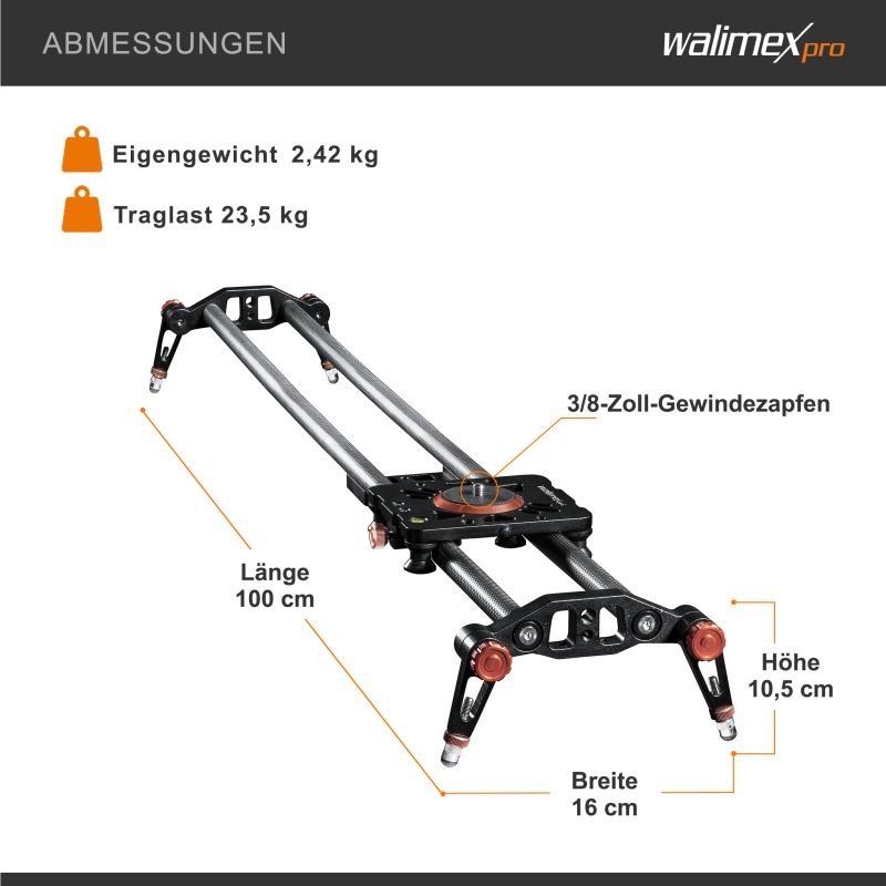 Walimex pro Carbon Video Slider Pro 100 cm videoslideri, hiilikuitu, 3/8" -kierre