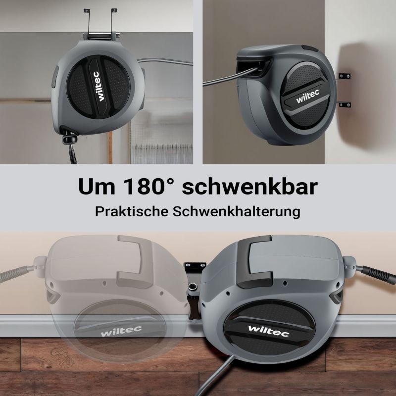 Automaattinen paineilmakela 20 m, 17 bar, polypropeeni, 180° kääntyvä kiinnike