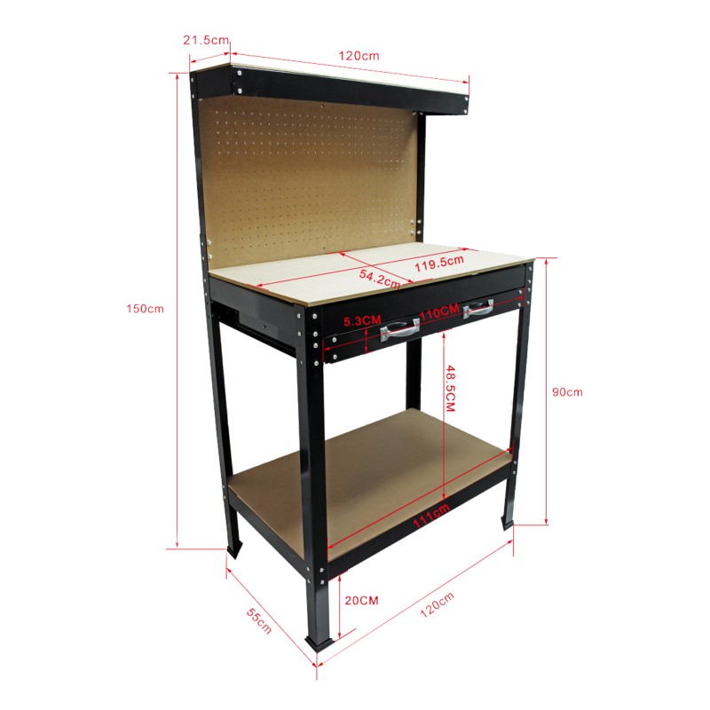 Työpöytä 1200 x 550 x 1500 mm, teräsrunko, MDF-työtaso, työkaluseinä ripustuskoukuilla, ruskea