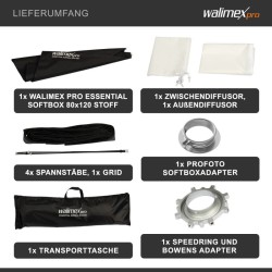 Walimex pro Essential Striplight softbox 80 x 120 cm kenno Bowens ja Profoto adapterit