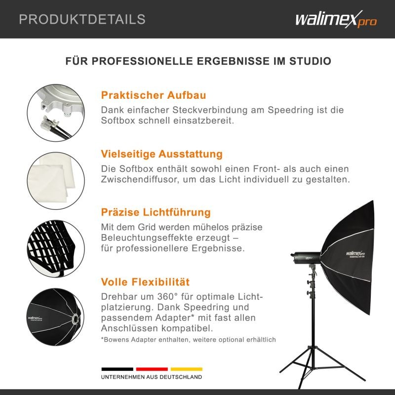 Walimex pro Essential Okta-softbox 120 cm, kenno-grid, Bowens- ja Hensel EH -adapterit ja kantolaukku