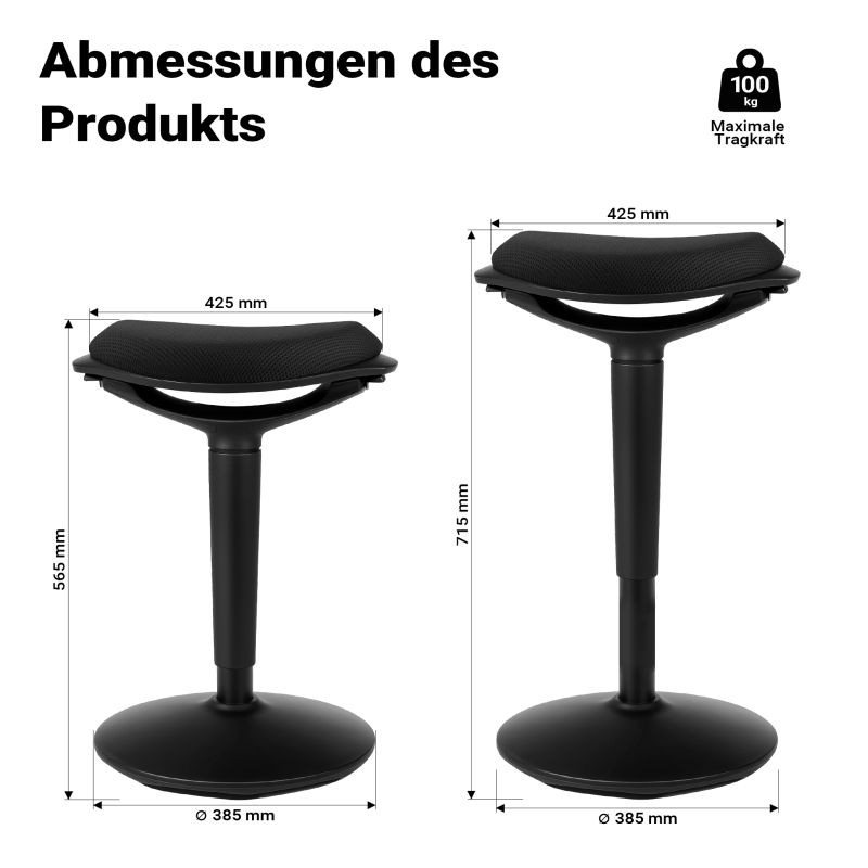 Ergonominen istuin- ja seisomajakkara, musta, kääntyvä, korkeussäädettävä 55–70 cm, pehmustettu, max. 100 kg