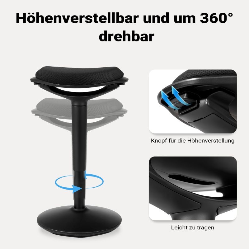 Ergonominen istuin- ja seisomajakkara, musta, kääntyvä, korkeussäädettävä 55–70 cm, pehmustettu, max. 100 kg