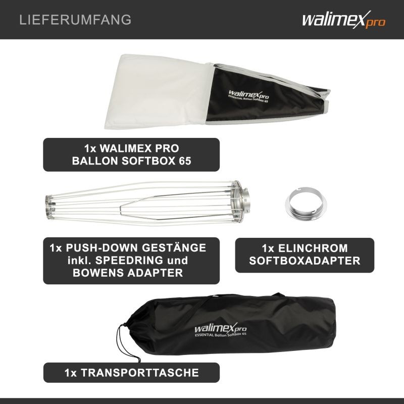Walimex pro Essential pallomainen softbox 65 cm, Bowens- ja Elinchrom-adapterit