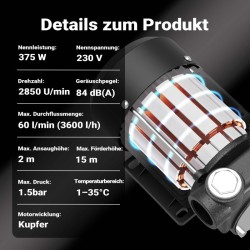 Diesel- ja lämmitysöljypumppu 230 V 375 W 60 l/min, itseimevä, 2 m imukorkeus
