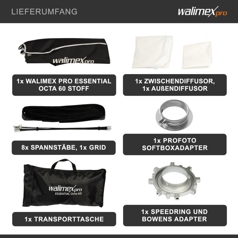 Walimex pro Essential Oktagon-softbox 60 cm, Profoto- ja Bowens-adapterit, kenno ja kuljetuslaukku