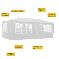 Puutarhapaviljonki 3 x 6 m, valkoinen, UV-suoja 50+, rullattavat seinät ikkunoilla
