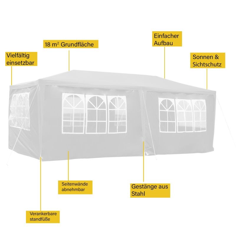 Puutarhapaviljonki 3 x 6 m, valkoinen, UV-suoja 50+, rullattavat seinät ikkunoilla