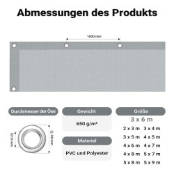 Vedenpitävä suojapeite harmaa 3 x 6 m, PVC-pinnoitettu polyesteri 650 g/m², UV-suojattu