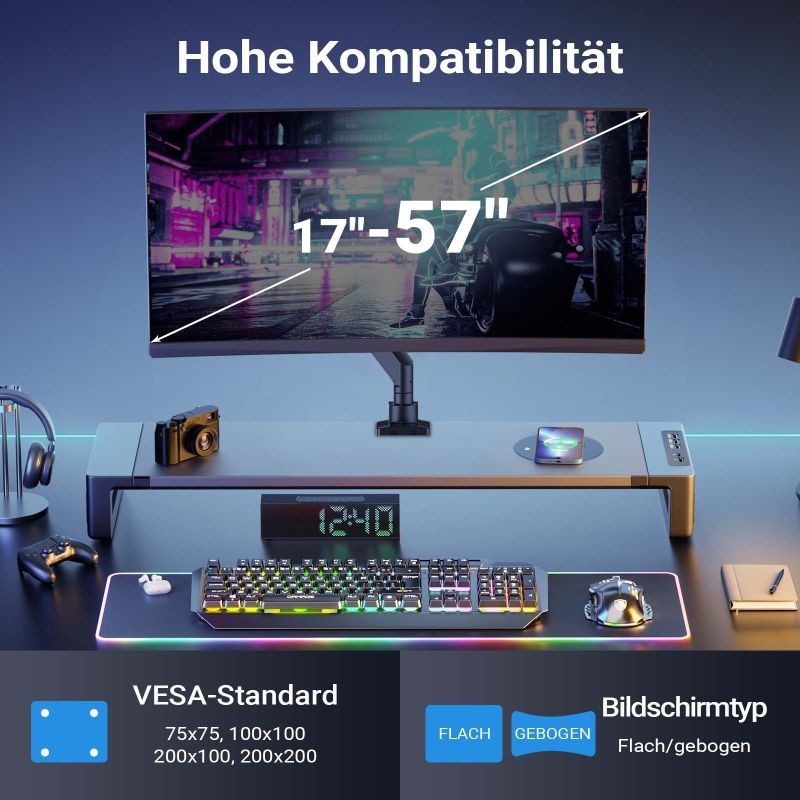 Näyttövarsi tasaisille ja kaareville näytöille, 26 kg, musta, VESA-adapteri ja pöytäkiinnike