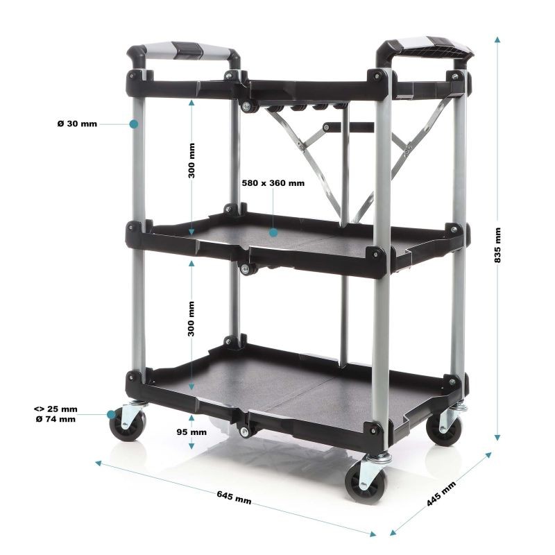 Taitettava kolmitasoinen siirtoauto, alumiini, musta, 645 x 445 x 835 mm, 120 kg