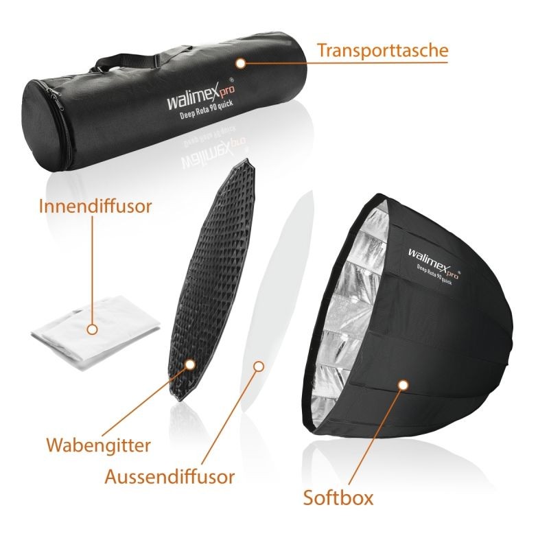 Walimex pro Studio Line Deep Rota QA90 Softbox 90 cm, kenno, diffuusorit, kuljetuslaukku