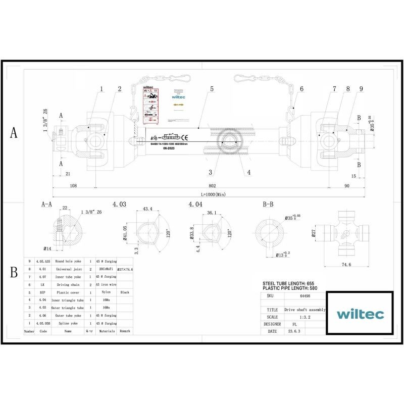 Voimansiirtokardaani T4 1000-1100 mm 460 Nm 540 U/min 40 kW 55 hv 6 hammasta 35 mm pyöreä