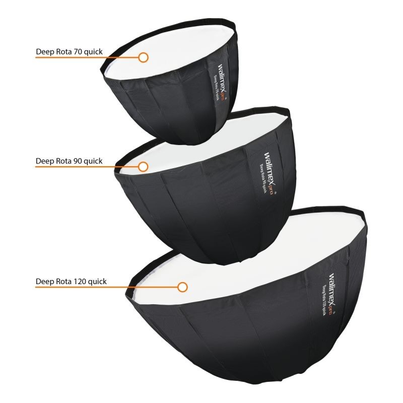 Walimex pro Studio Line Deep Rota QA70 Softbox 70 cm, hopea, kenno, diffuusorit ja Elinchrom-adapteri