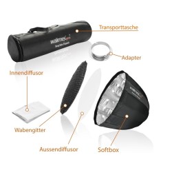 Walimex pro Studio Line Deep Rota QA70 Softbox 70 cm, hopea, kenno, diffuusorit ja Elinchrom-adapteri