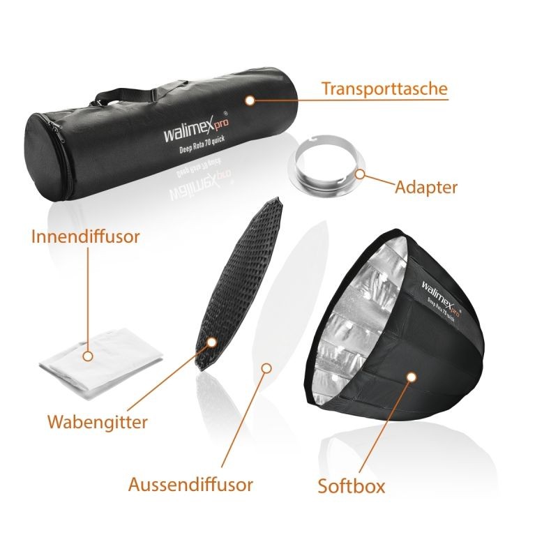 Walimex pro Studio Line Deep Rota QA70 Softbox 70 cm, hopea, kenno, diffuusorit ja Elinchrom-adapteri