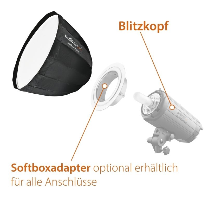 Walimex pro Studio Line Deep Rota QA70 Softbox 70 cm, hopea, kenno, diffuusorit ja Elinchrom-adapteri