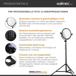 Walimex pro Soft LED 300 Brightlight Round Daylight pyöreä LED-valaisin, 30 W, 5600 K, U-kiinnike
