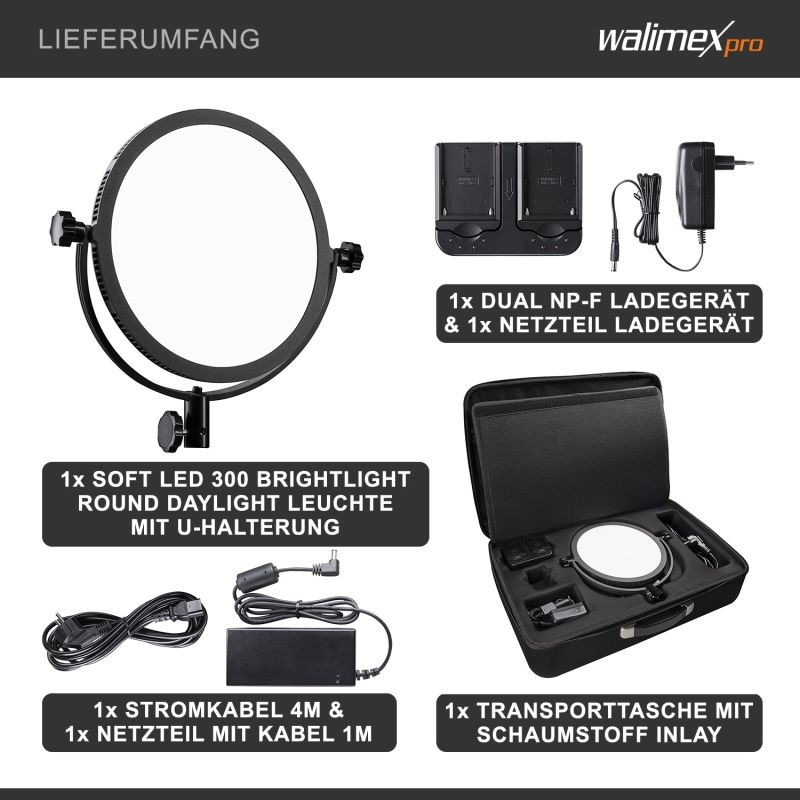 Walimex pro Soft LED 300 Brightlight Round Daylight pyöreä LED-valaisin, 30 W, 5600 K, U-kiinnike