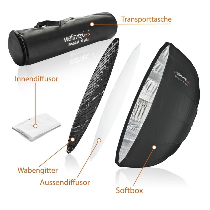 Walimex pro Beauty Dish -softbox 105 cm QA105 - taitettava, kenno, diffuusorit ja kuljetuslaukku