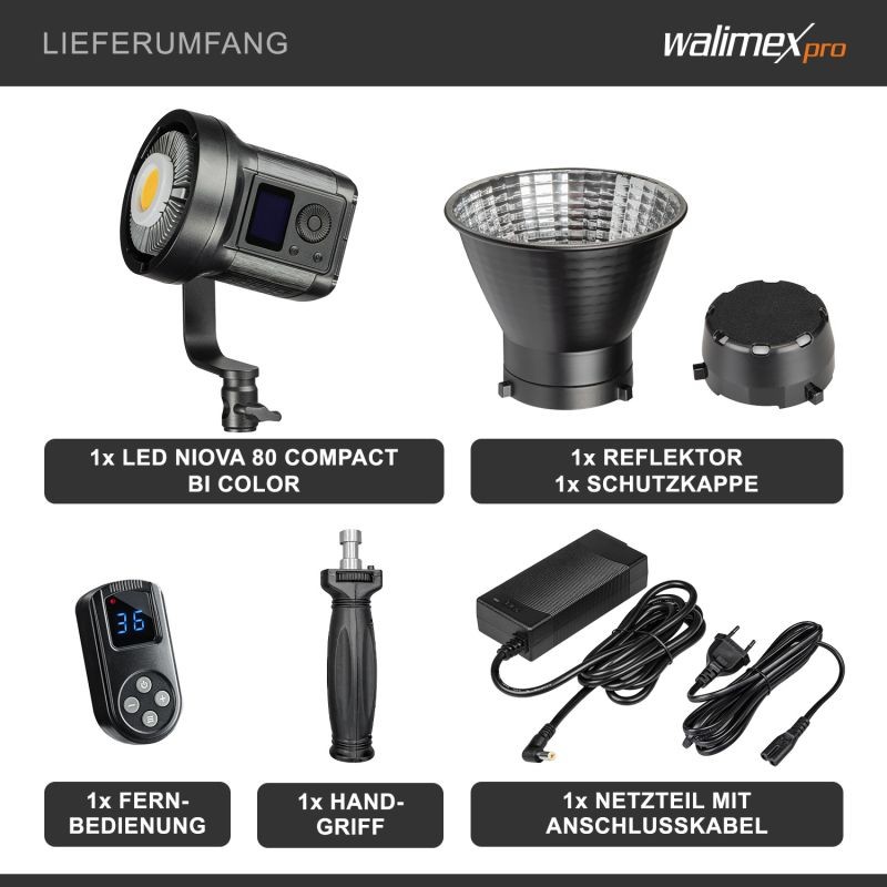 Walimex pro LED Niova 80 Compact Bi-Colour 80 W LED-videovalo, Bowens-liitäntä, säädettävä värilämpötila