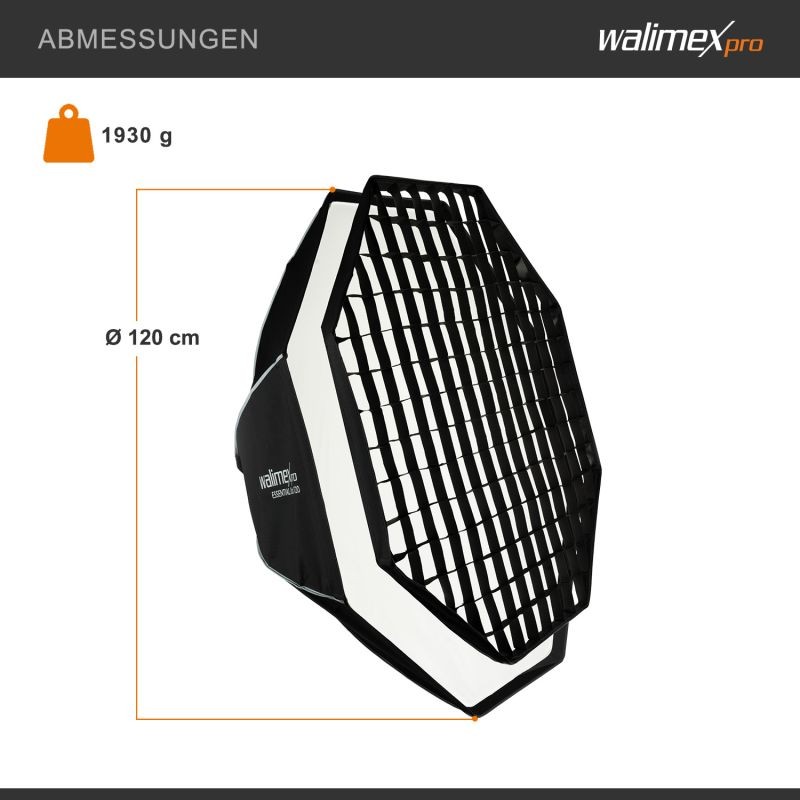 Walimex pro Essential okta-softbox 120 cm, kenno, Bowens- ja Profoto-adapterit, kuljetuslaukku