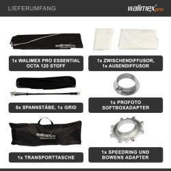 Walimex pro Essential okta-softbox 120 cm, kenno, Bowens- ja Profoto-adapterit, kuljetuslaukku